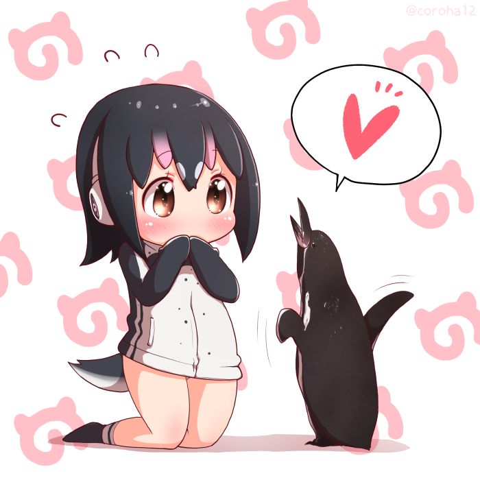 1girl bird black_hair blush brown_eyes flying_sweatdrops grape-kun headphones heart humboldt_penguin humboldt_penguin_(kemono_friends) jacket japari_symbol kemono_friends multicolored_hair oyatsu_(mk2) patterned_background penguin short_hair socks tail