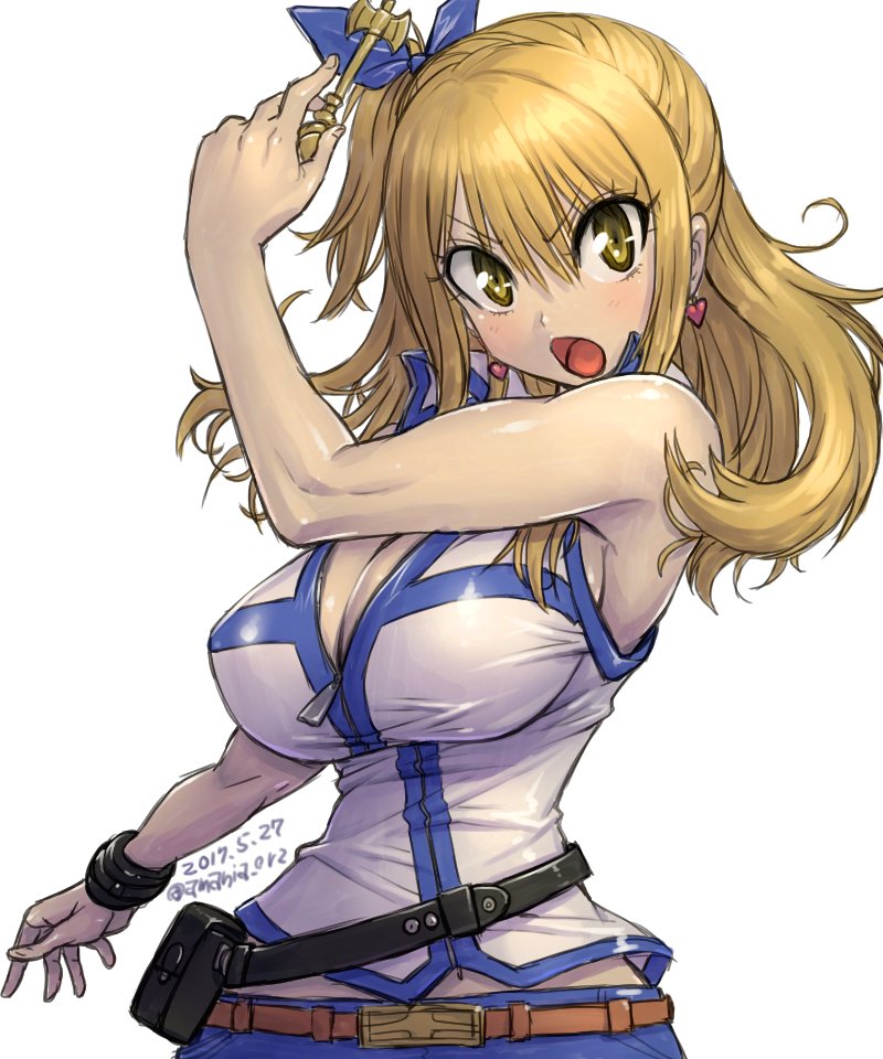 &gt;:o 1girl :o amania_orz armpits bare_shoulders belt_pouch blonde_hair blue_ribbon blush bracelet breasts cleavage earrings fairy_tail hair_between_eyes hair_ribbon heart heart_earrings jewelry key large_breasts long_hair looking_at_viewer lucy_heartfilia one_side_up open_mouth ribbon sidelocks solo upper_body vest yellow_eyes