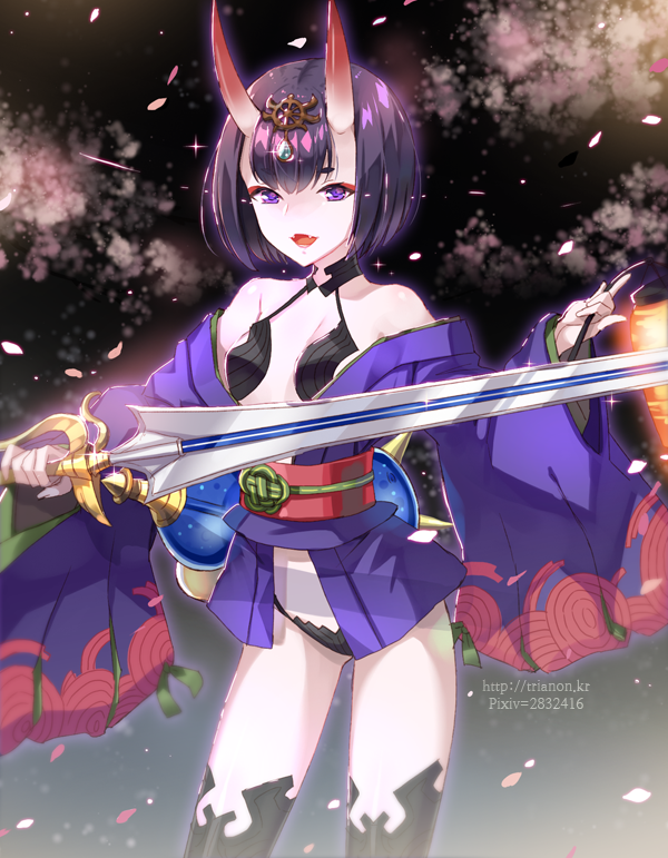 1girl bangs black_legwear breasts cowboy_shot fangs fate/grand_order fate_(series) holding holding_sword holding_weapon japanese_clothes kimono looking_at_viewer oni_horns open_mouth petals pixiv_id purple_hair purple_kimono revealing_clothes short_hair short_kimono shuten_douji_(fate/grand_order) small_breasts smile solo sword thick_eyebrows thigh-highs trianon violet_eyes watermark weapon web_address