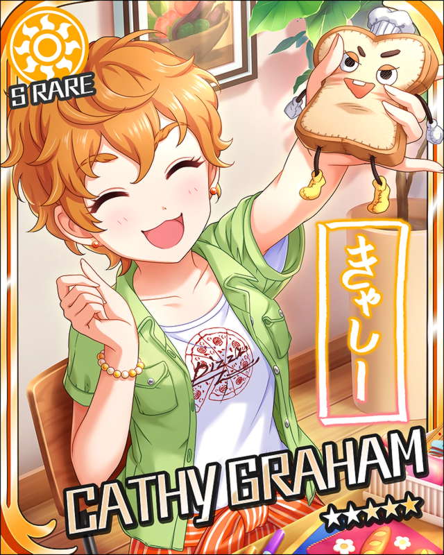 blush bread card_(medium) cathy_graham character_name closed_eyes dress happy idolmaster idolmaster_cinderella_girls orange_hair short_hair smile