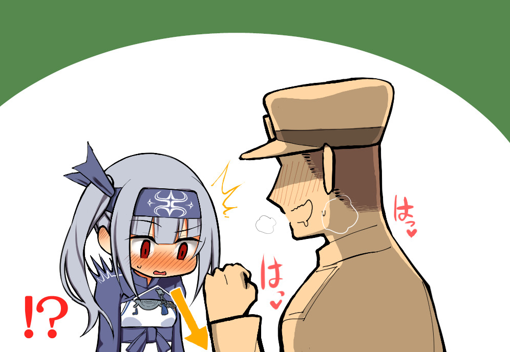 1boy 1girl admiral_(kantai_collection) ainu_clothes artist_name ass bandanna bangs black_legwear blunt_bangs blush breasts cosplay cropped_jacket dress drooling headband japanese_clothes kamoi_(kantai_collection) kamoi_(kantai_collection)_(cosplay) kantai_collection kasumi_(kantai_collection) long_hair long_sleeves looking_down military military_uniform open_mouth red_eyes richou_(zerozero1101) sidelocks silver_hair sleeveless sleeveless_dress underwear uniform wavy_mouth white_dress wrist_guards