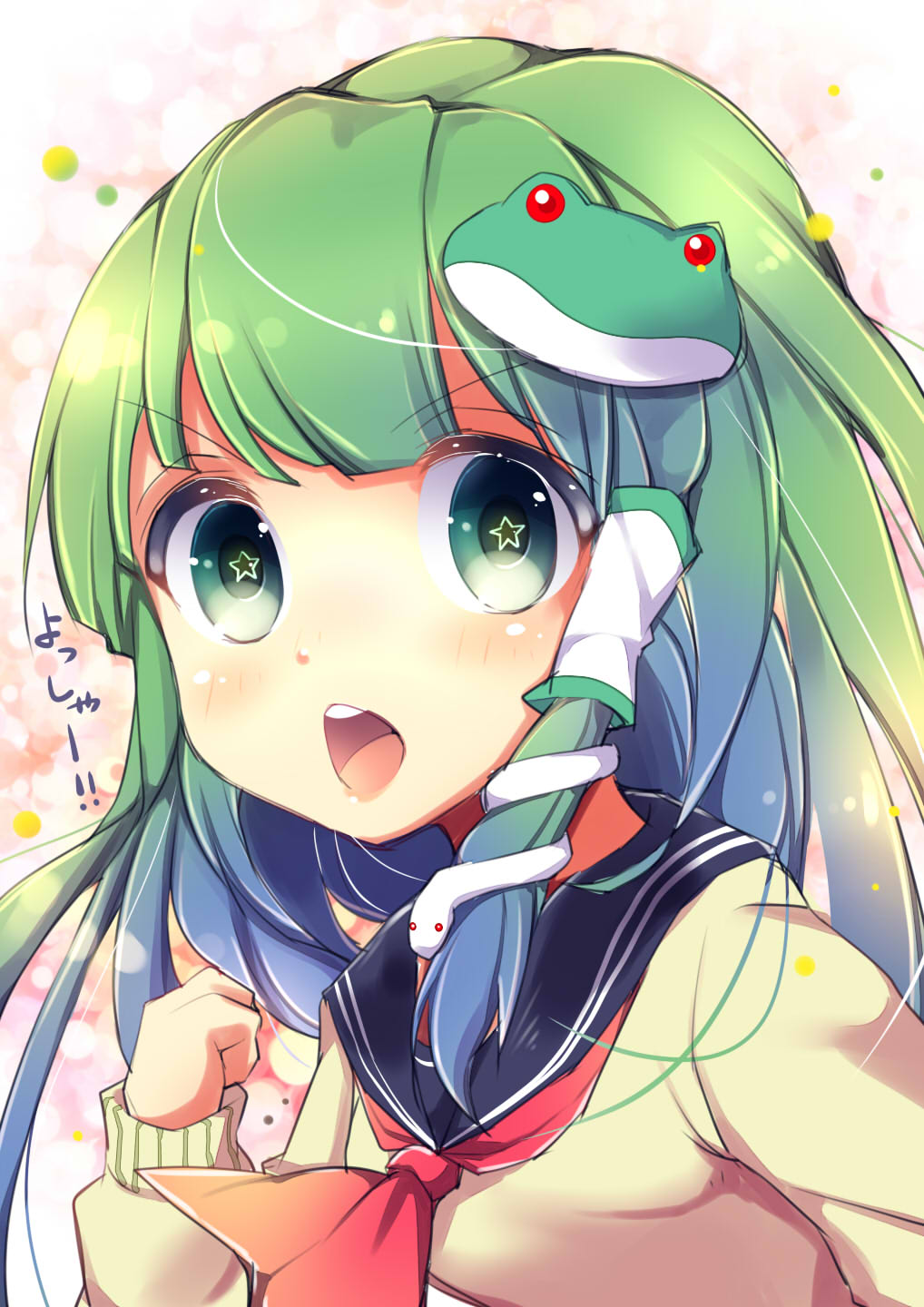 1girl alternate_costume frog_hair_ornament gradient_hair green_eyes hair_ornament hair_tubes highres kochiya_sanae long_hair multicolored_hair neckerchief open_mouth school_uniform serafuku snake_hair_ornament solo star star-shaped_pupils sweater symbol-shaped_pupils touhou translation_request uniform uta_(kuroneko)