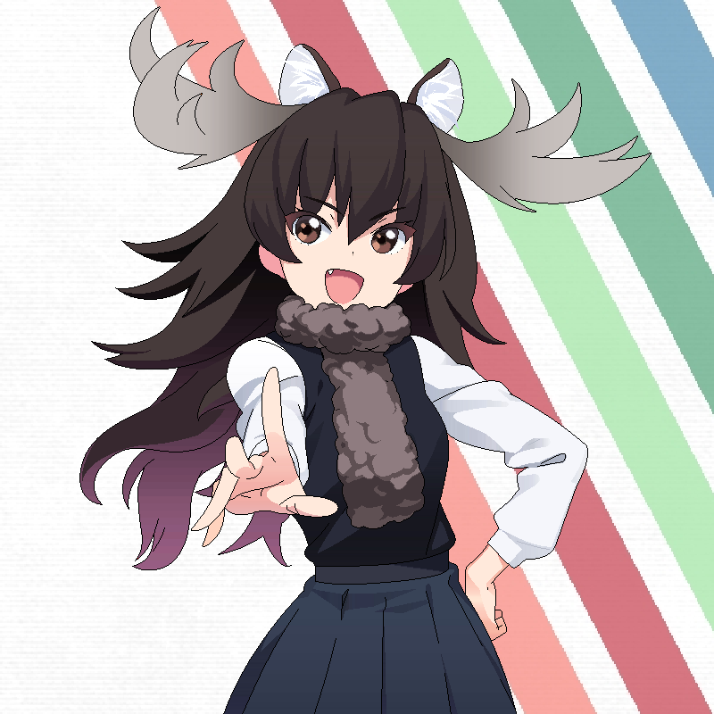 &gt;:d 1girl :d animal_ears antlers black_vest blue_background blue_skirt brown_eyes brown_hair brown_scarf clenched_hand cowboy_shot diagonal-striped_background diagonal_stripes extra_ears eyebrows eyebrows_visible_through_hair eyelashes fang foreshortening green_background grey_background hair_between_eyes hand_on_hip horizontal-striped_background horizontal_stripes kemono_friends long_hair long_sleeves looking_at_viewer moose_(kemono_friends) moose_ears multicolored multicolored_background oekaki open_mouth outstretched_hand pink_background pleated_skirt samonegi scarf shirt skirt smile solo striped striped_background sweater_vest tsurime vest white_shirt