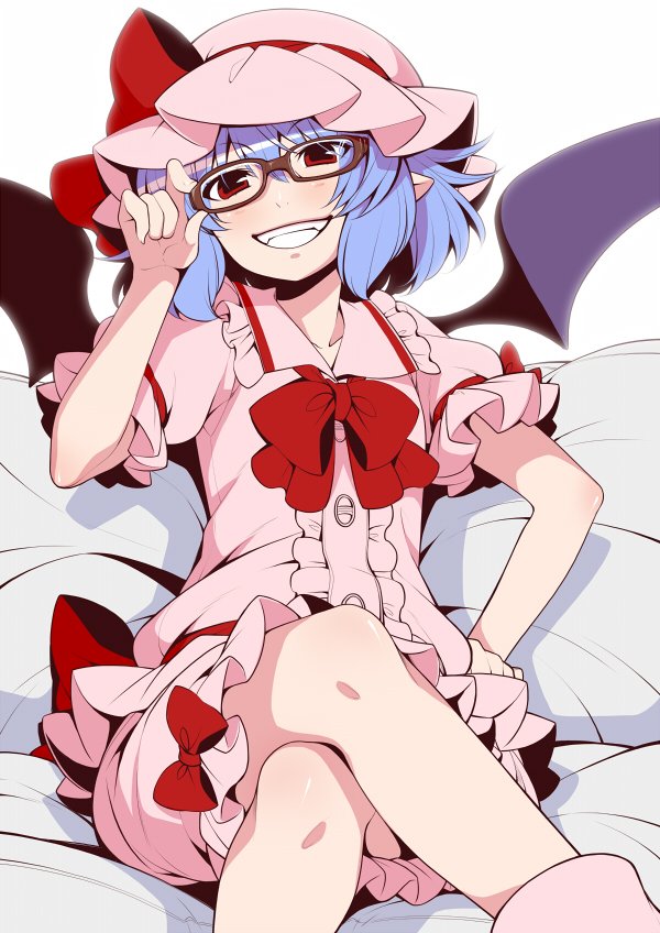 1girl :d adapted_costume adjusting_glasses bangs bat_wings bed_sheet bespectacled blue_hair blush bow bowtie brown-framed_eyewear center_frills commentary_request eichi_yuu fangs foreshortening frilled_shirt_collar frilled_sleeves frills glasses grin hair_between_eyes hand_on_hip hat hat_ribbon head_tilt legs_crossed looking_at_viewer mob_cap open_mouth pajamas pillow pink_hat pointy_ears puffy_short_sleeves puffy_sleeves purple_wings red_bow red_bowtie red_eyes red_ribbon remilia_scarlet ribbon short_hair short_sleeves sitting smile solo teeth touhou tsurime wings