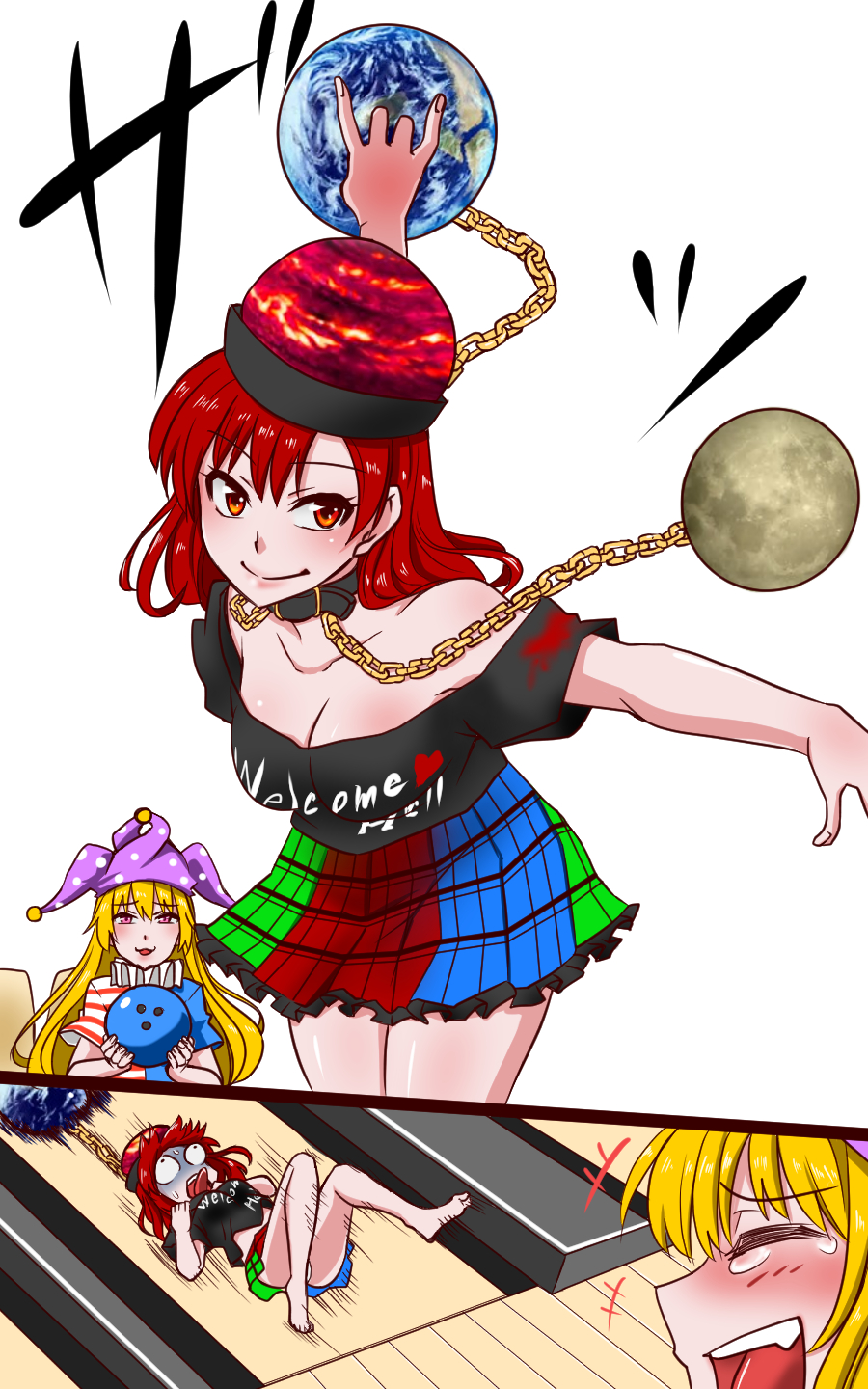 2girls american_flag_dress asphyxiation ball bare_legs black_shirt blonde_hair bowling bowling_ball breasts chains clothes_writing clownpiece collar earth earth_(ornament) failure gold_chain hat hecatia_lapislazuli highres jester_cap laughing long_hair medium_breasts miniskirt moon_(ornament) multicolored multicolored_clothes multicolored_skirt multiple_girls neck_ruff off-shoulder_shirt plaid plaid_skirt polos_crown red_eyes redhead shiraue_yuu shirt skirt t-shirt touhou