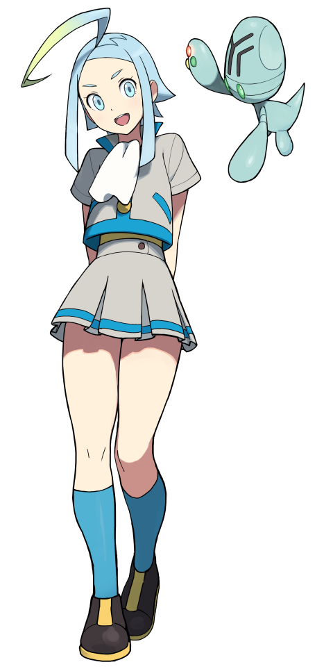 &gt;:d 1girl :d accho_(macchonburike) ahoge animal_request arms_behind_back blue_eyes blue_hair blue_legwear elgyem full_body grey_shirt grey_skirt kneehighs looking_at_viewer open_mouth pokemon pokemon_(creature) shirt shoes short_sleeves sidelocks simple_background skirt smile sneakers solo standing teeth white_background