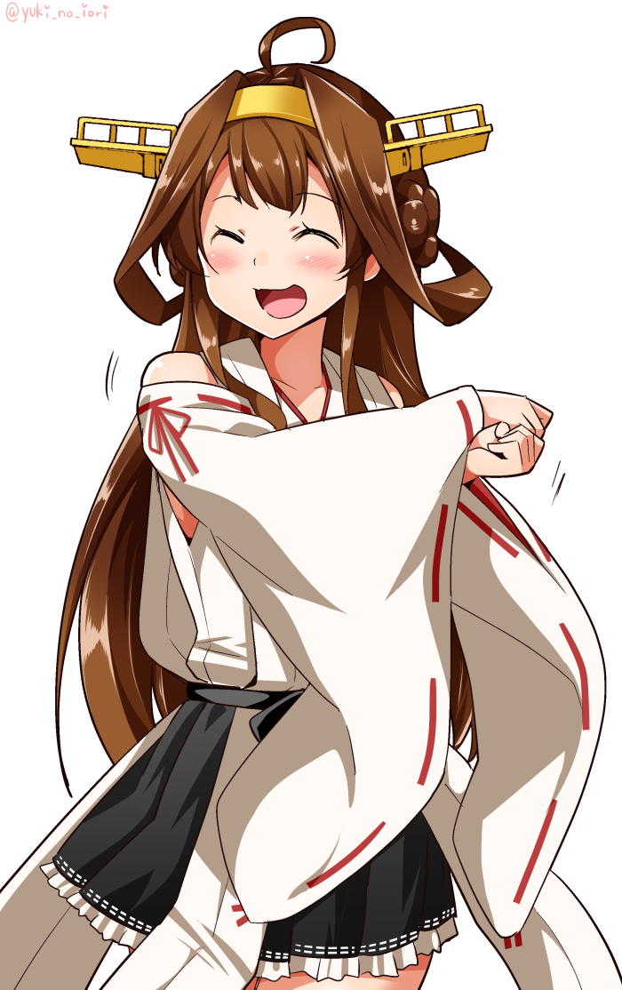 1girl ^_^ ahoge baker_at_bat bare_shoulders blush brown_hair closed_eyes collarbone commentary cowboy_shot detached_sleeves double_bun hair_bun headgear kantai_collection kongou_(kantai_collection) long_hair motion_lines new_horizon nontraditional_miko open_mouth parody ribbon-trimmed_sleeves ribbon_trim simple_background skirt smile solo twitter_username white_background wide_sleeves yuuki_hb