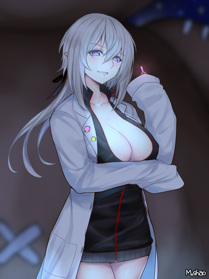 1girl artist_name black_jacket black_ribbon blue_eyes blurry breasts capsule character_request cleavage closers coat collarbone cowboy_shot depth_of_field fang full-length_zipper grin hair_between_eyes hair_ribbon jacket labcoat large_breasts long_hair long_sleeves looking_at_viewer open_clothes open_coat pointy_ears red_pupils ribbon shaojiang silver_hair sleeves_past_wrists smile solo zipper