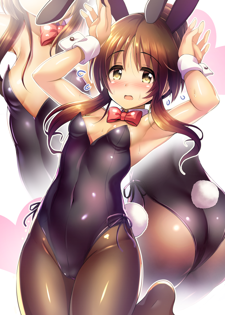 1girl animal_ears arms_up bangs blush bow bowtie breasts brown_eyes brown_hair bunny_tail detached_collar embarrassed flying_sweatdrops hair_bun idolmaster idolmaster_cinderella_girls leg_up leotard long_hair looking_at_viewer ment open_mouth rabbit_ears sidelocks small_breasts solo tail takamori_aiko wavy_hair