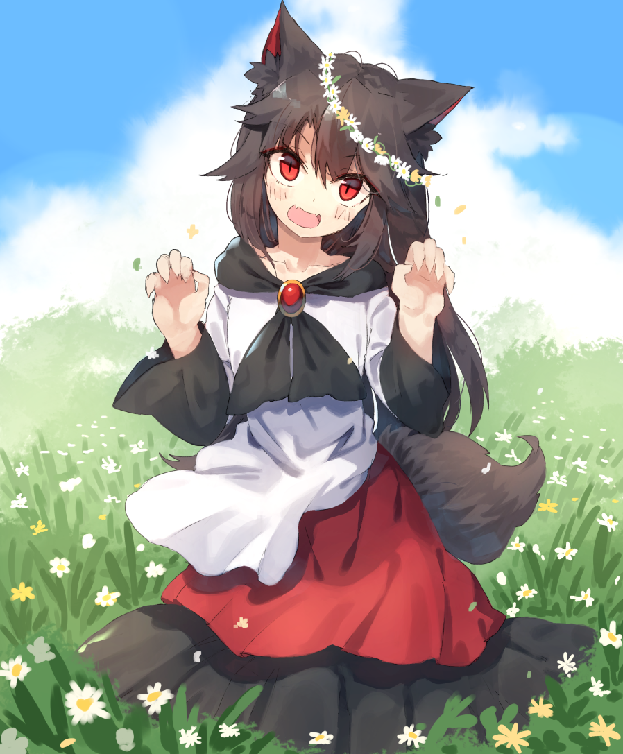 &gt;:d 1girl :d animal_ears bei_mochi black_hair blush brooch claw_pose collarbone commentary_request day dress fangs field flower flower_field full_body hair_between_eyes head_wreath imaizumi_kagerou jewelry long_hair looking_at_viewer open_mouth red_eyes smile solo tail touhou wolf_ears wolf_tail