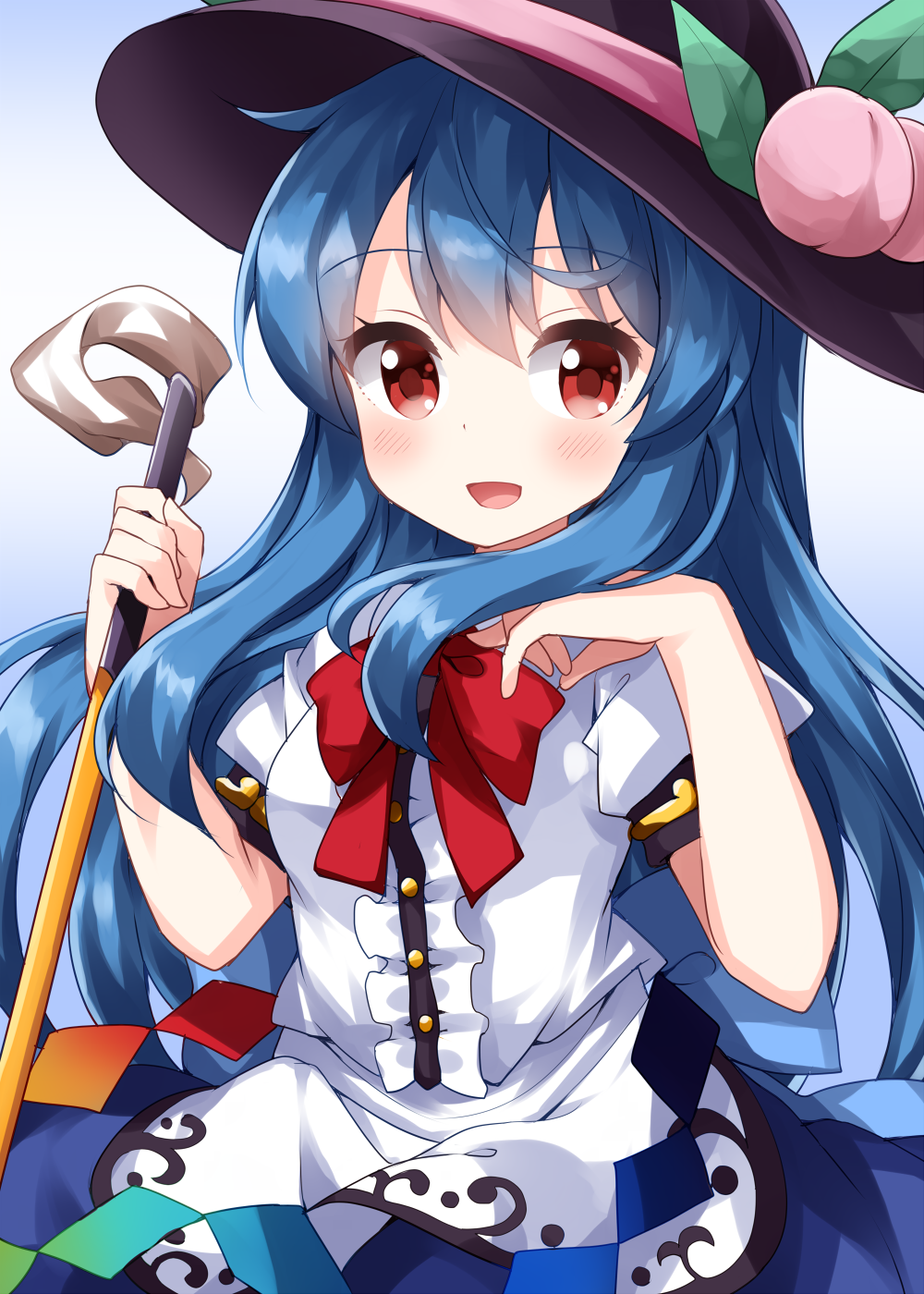 1girl black_headwear blue_hair blue_skirt blush bow bowtie buttons center_frills collared_shirt eyebrows_visible_through_hair food frills fruit hair_between_eyes hat highres hinanawi_tenshi holding holding_sword holding_weapon long_hair looking_at_viewer open_mouth peach puffy_short_sleeves puffy_sleeves rainbow_order red_bow red_bowtie red_eyes ruu_(tksymkw) shirt short_sleeves skirt smile solo sword sword_of_hisou touhou weapon white_shirt