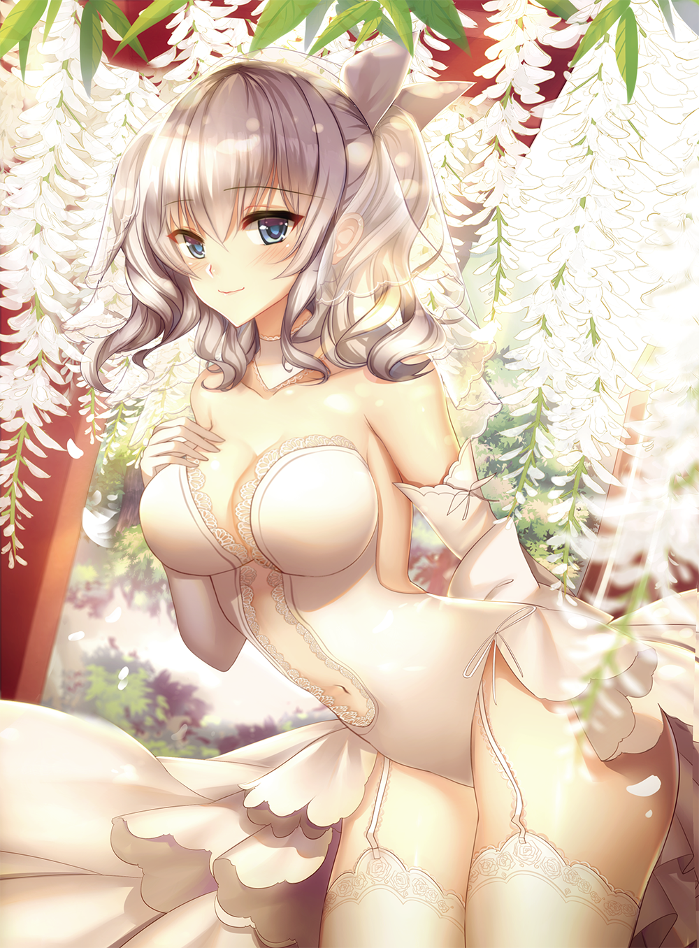1girl alternate_costume blue_eyes breasts dress elbow_gloves eyebrows_visible_through_hair garter_straps gloves hair_between_eyes highres kantai_collection kashima_(kantai_collection) large_breasts long_hair meaomao silver_hair smile solo thigh-highs two_side_up wedding_dress white_dress white_gloves white_legwear
