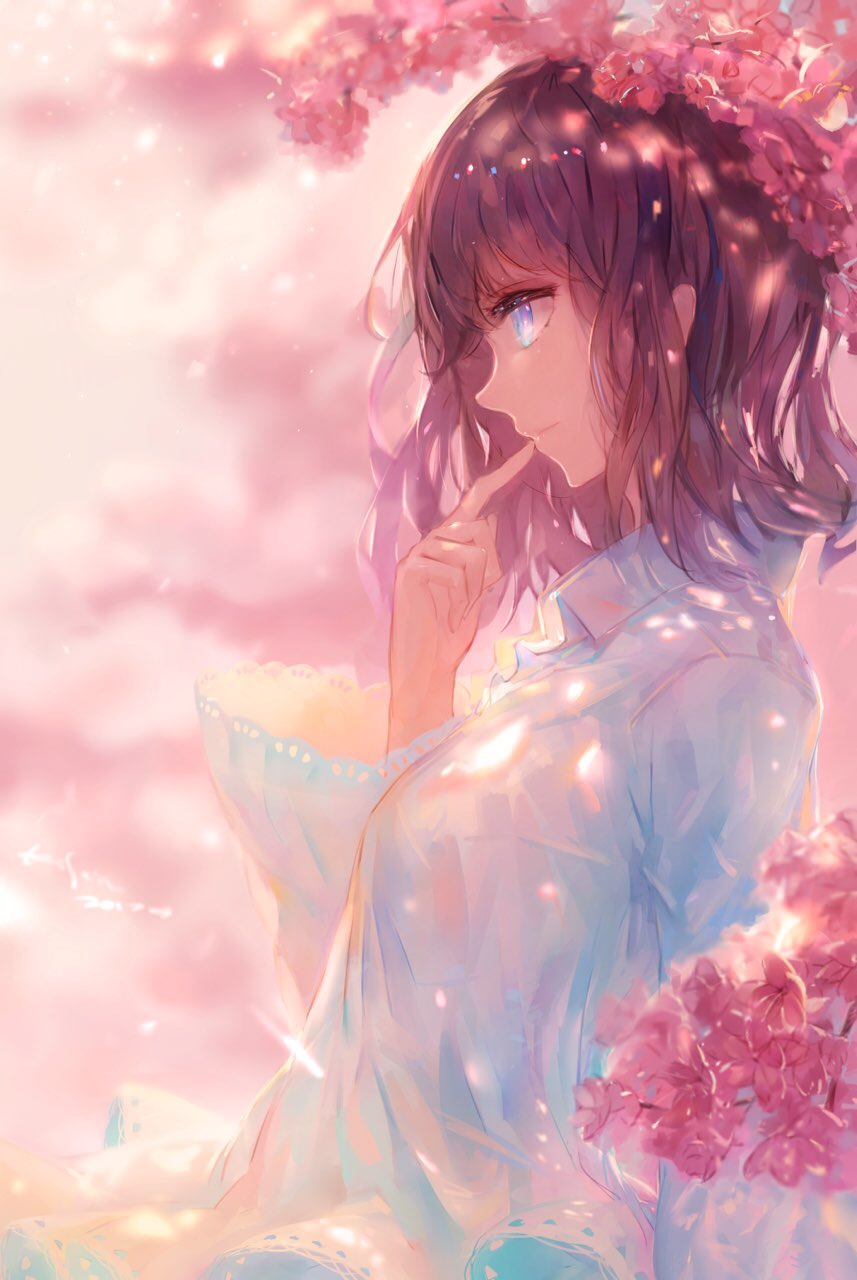 1girl arm_at_side bangs blue_eyes blue_shirt blurry blurry_background breasts brown_hair cherry_blossoms closed_mouth collared_shirt commentary_request dappled_sunlight dated day eyelashes finger_to_mouth from_side half-closed_eye highres kisei2 light_particles lips long_hair long_sleeves looking_afar looking_away medium_breasts original outdoors profile shirt solo spring_(season) sunlight tsurime upper_body wavy_hair wide_sleeves wing_collar