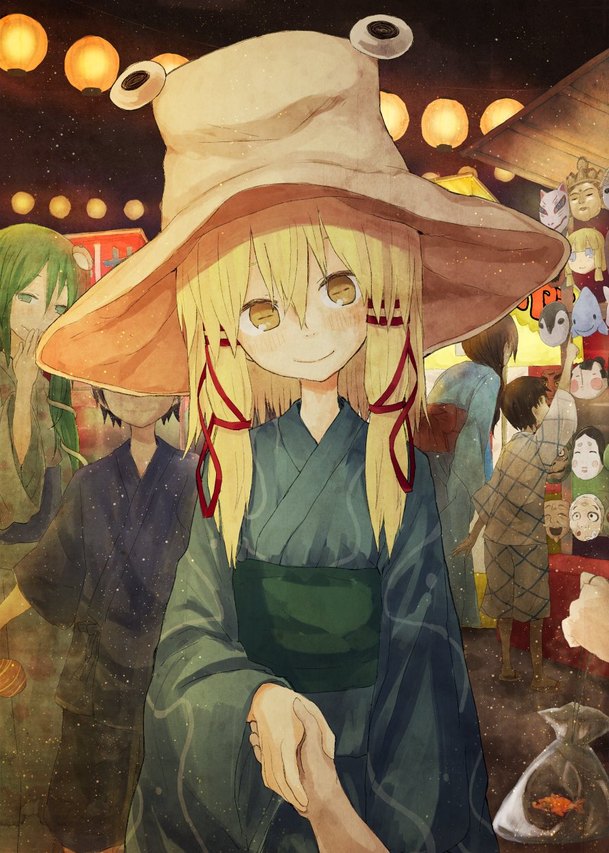 2boys 3girls bag bagged_fish blonde_hair festival fish fox_mask goldfish green_eyes green_hair hair_ribbon hand_holding hat head_tilt highres japanese_clothes kimono kochiya_sanae looking_at_viewer mask mirino moriya_suwako multiple_boys multiple_girls noh_mask obi pov red_ribbon ribbon sash sidelocks slit_pupils smile touhou tress_ribbon yellow_eyes yukata