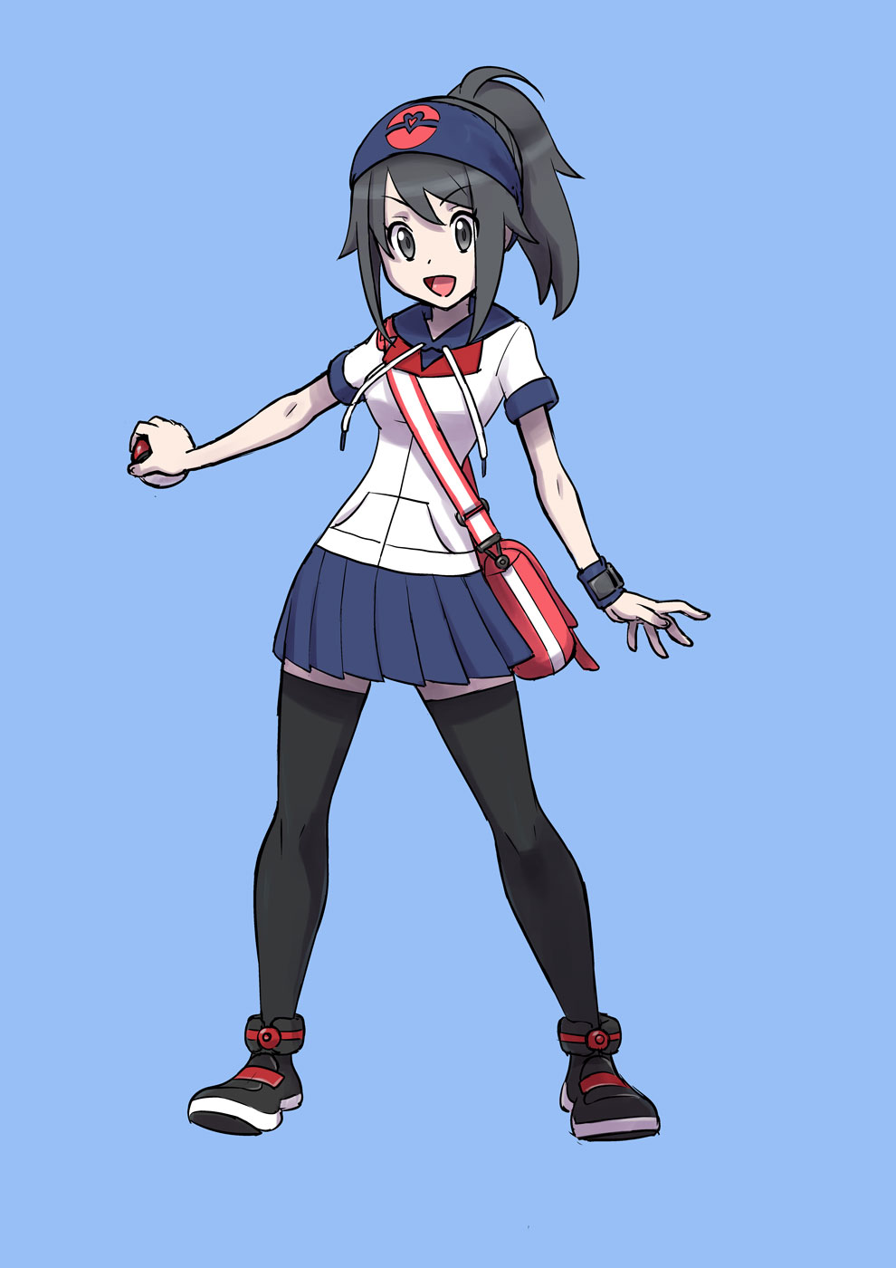 1girl bag headband highres kjech poke_ball poke_ball_print pokemon pokemon_(game) pokemon_trainer shoes thigh-highs yandere-chan yandere_simulator