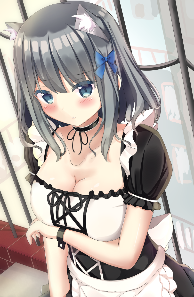 1girl animal_ears apron bangs blue_eyes blush bow breasts cat_ears cleavage closed_mouth collarbone eyebrows_visible_through_hair frilled_apron frills grey_hair hair_bow highres large_breasts long_hair maid original short_sleeves solo takapii upper_body waist_apron wavy_hair wrist_cuffs