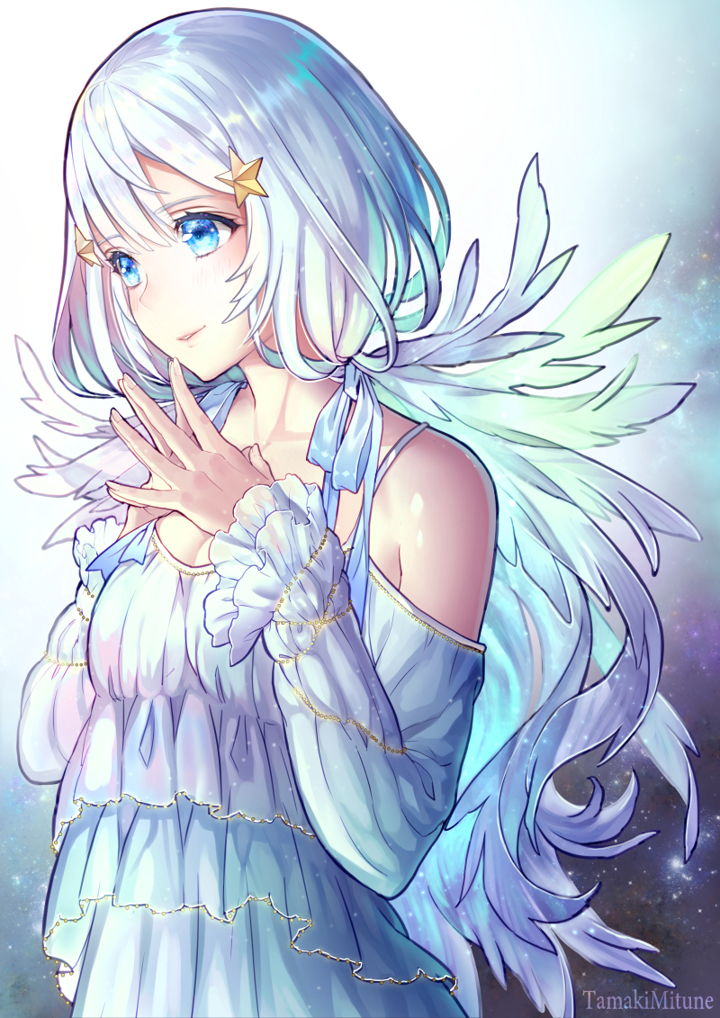 1girl angel angel_wings artist_name blue_eyes blush dress fingers_together frilled_dress frills hair_ornament original parted_lips profile shiny shiny_skin short_hair star star_hair_ornament steepled_fingers tamaki_mitsune white_dress white_hair white_wings wings