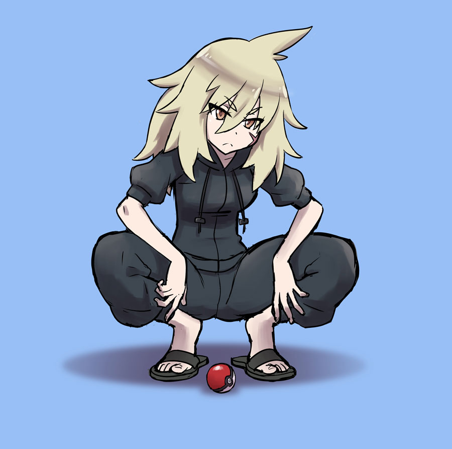 1girl black_pants black_sandals brown_eyes cross_scar eyebrows eyebrows_visible_through_hair hood hoodie kjech osoro_shidesu pants poke_ball pokemon pokemon_(game) pokemon_trainer sandals scar scar_on_cheek scar_on_face squatting white_hair yandere_simulator