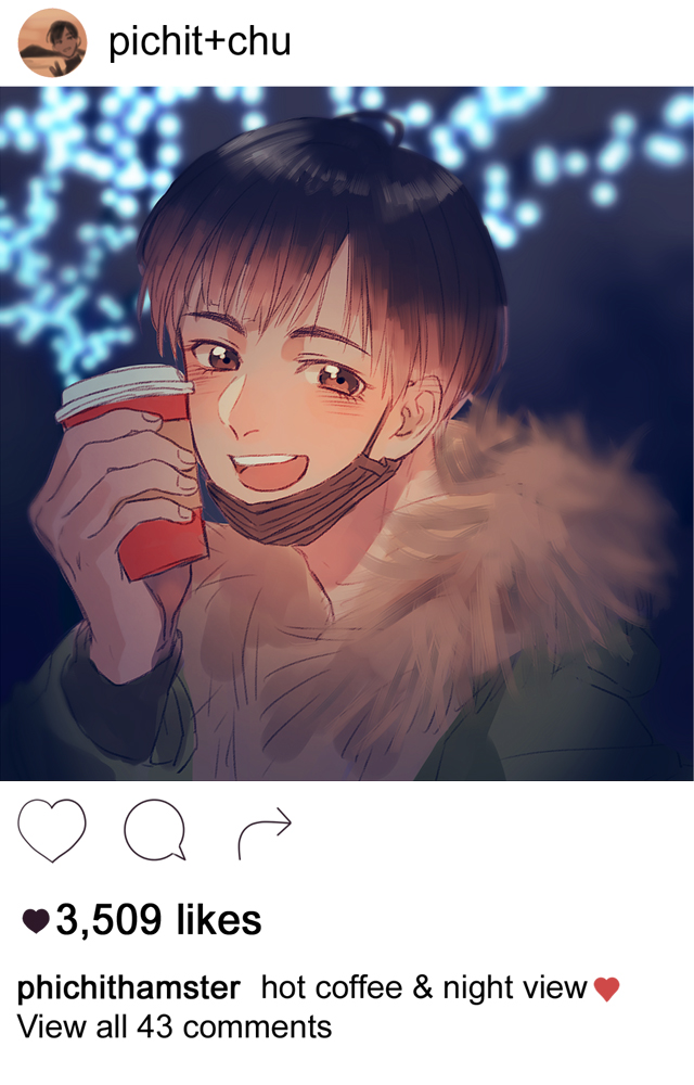 1boy black_hair coffee_cup dark_skin dark_skinned_male english fake_screenshot fur_trim grey_eyes instagram kurosujuu male_focus open_mouth phichit_chulanont smile surgical_mask yuri!!!_on_ice