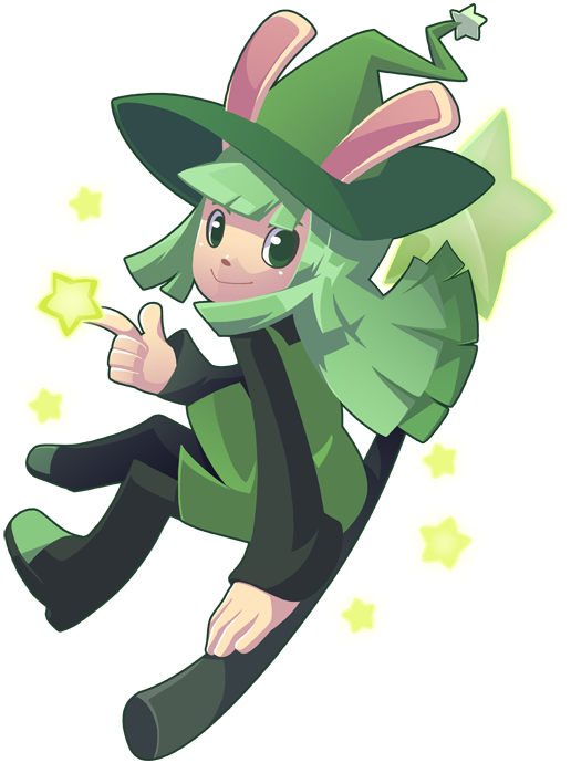 1girl broom broom_riding cucumber_quest dress green_dress green_hair hat mary_cagle peridot_(cucumber_quest) rabbit smile transparent_background witch_hat
