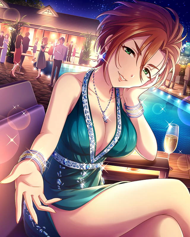 1girl artist_request bangs bracelet breasts brown_hair chair cleavage collarbone cup drinking_glass earrings green_eyes grin house idolmaster idolmaster_cinderella_girls jewelry kiba_manami large_breasts legs_crossed looking_at_viewer necklace night night_sky official_art outdoors plant pool short_hair sitting sky smile solo table thighs wine_glass