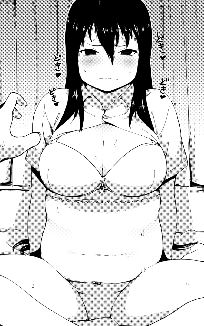 1girl accho_(macchonburike) bangs bow bow_bra bow_panties bra breasts butterfly_sitting cleavage closed_mouth collared_shirt curtains greyscale hair_between_eyes heart highres indoors large_breasts looking_at_viewer monochrome navel on_bed open_clothes open_shirt original out_of_frame panties plump pov shirt short_sleeves sitting solo_focus sweat sweatdrop thighs underwear wavy_mouth
