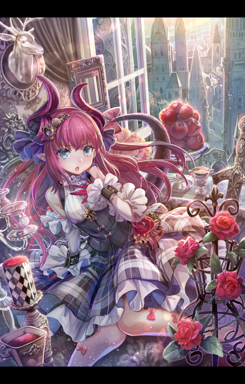 1girl :o apple arm_support bangs blue_eyes bow building candle candlestand commentary_request curtains day deer deer_head detached_sleeves diamond_(shape) dragon_horns dragon_tail dress fate/extra fate/extra_ccc fate_(series) flower food frills fruit glint goblet hair_ornament hand_on_own_chest heart heart_hair_ornament highres horns indoors knees_together_feet_apart lancer_(fate/extra_ccc) lens_flare long_hair looking_at_viewer open_mouth open_window pink_bow pink_hair pink_rose plaid plaid_skirt pointy_ears red_rose rose sitting skirt solo sunlight sword tail tail_bow torino_akua tower town weapon window wrist_cuffs