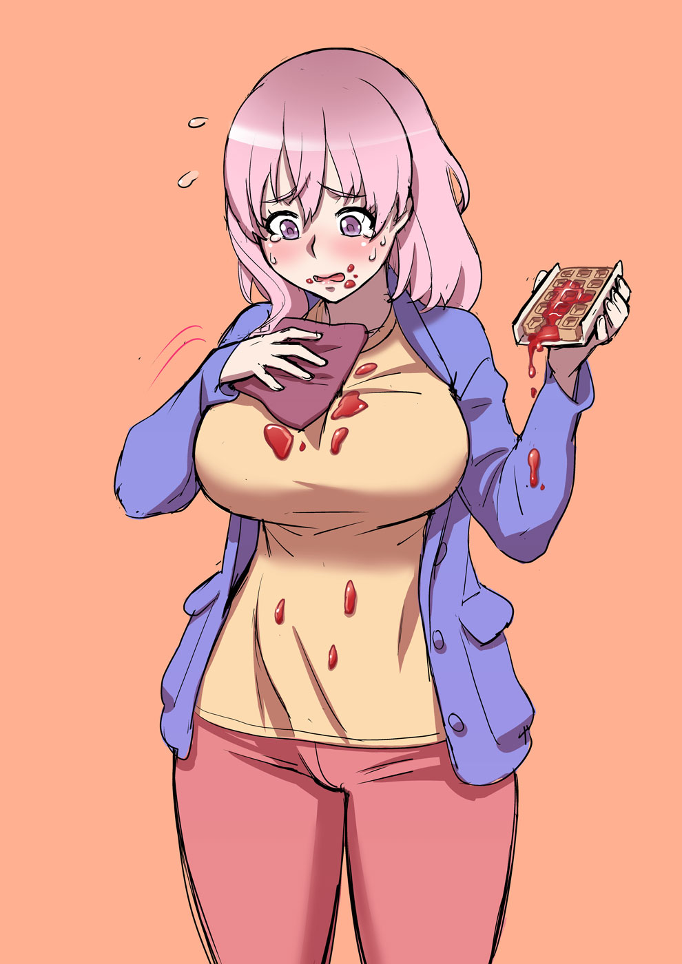 1girl blue_jacket cleaning crying food food_on_face handkerchief highres jacket jam kjech messy muja_kina pants pink_hair sweat tan_shirt track_pants violet_eyes waffle yandere_simulator