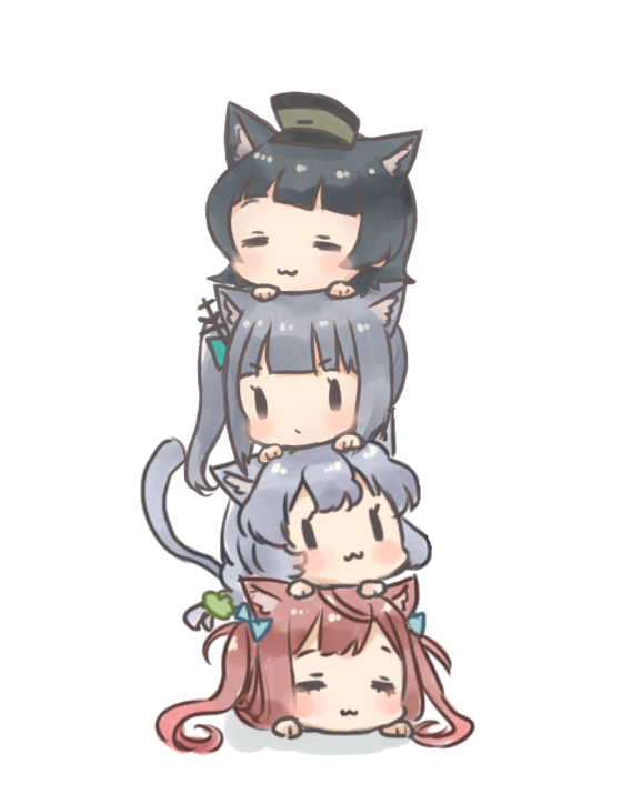 4girls :3 animal_ears arare_(kantai_collection) asagumo_(kantai_collection) black_hair blush brown_hair cat_ears cat_tail closed_eyes closed_mouth eyelashes grey_hair hair_ribbon hat kantai_collection kasumi_(kantai_collection) long_hair multiple_girls nuno_(pppompon) ribbon short_hair side_ponytail stacking tail twintails yamagumo_(kantai_collection)
