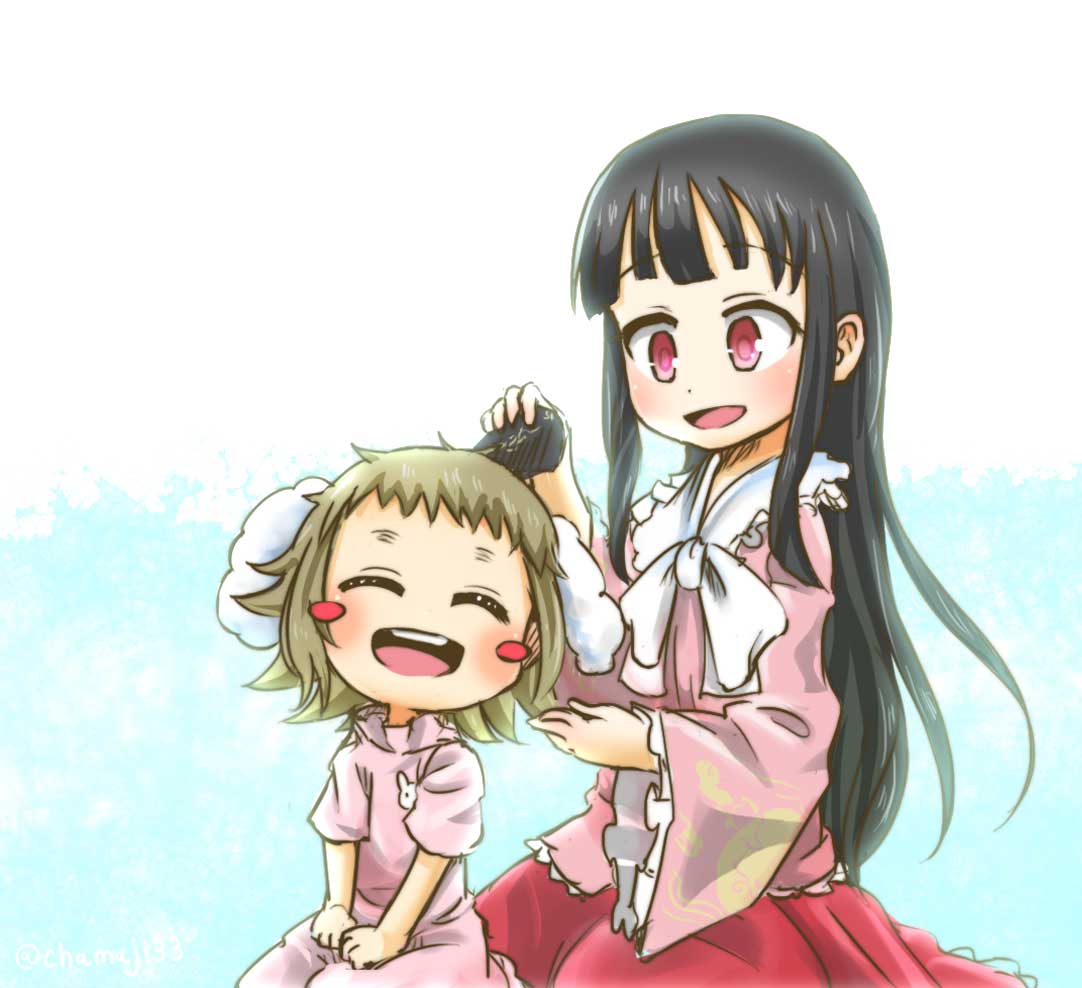 2girls :d ^_^ animal_ears black_hair blush_stickers bow brown_hair chamaji closed_eyes comb combing commentary_request dress frills hands_on_lap hime_cut houraisan_kaguya inaba_tewi japanese_clothes long_hair long_sleeves multiple_girls open_mouth pink_dress pink_eyes rabbit rabbit_ears seiza short_hair short_sleeves sitting skirt smile touhou twitter_username very_long_hair wide_sleeves