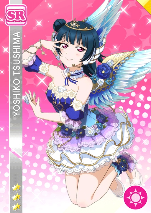 angel bare_shoulders blue_hair blush character_name dress headdress long_hair love_live!_school_idol_festival love_live!_sunshine!! odango pink_eyes smile tsushima_yoshiko wings