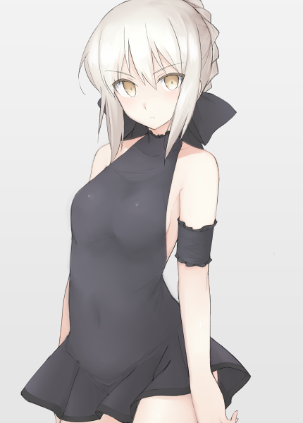 1girl arm_garter arms_at_sides bangs bare_shoulders black_bow blonde_hair blush bow breasts casual_one-piece_swimsuit closed_mouth collarbone covered_navel cowboy_shot expressionless eyebrows_visible_through_hair fate/grand_order fate_(series) frills grey_background hair_between_eyes hair_bow looking_at_viewer medium_breasts mobu one-piece_swimsuit saber saber_alter short_hair sideboob sidelocks simple_background solo standing swimsuit swimsuit_skirt tsurime yellow_eyes