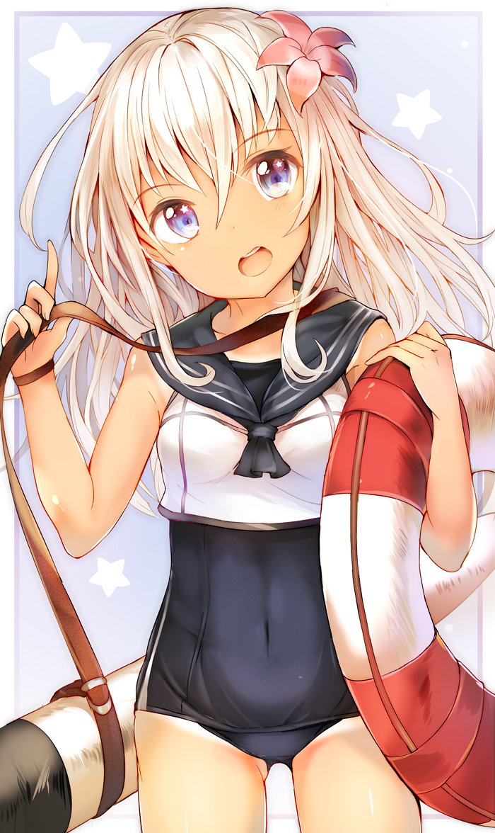 1girl bangs blue_eyes covered_navel cowboy_shot flower hair_flower hair_ornament head_tilt kantai_collection lifebuoy long_hair looking_at_viewer one-piece_tan open_mouth ro-500_(kantai_collection) sailor_collar school_swimsuit smile solo standing star swimsuit tan tanline torpedo umagenzin white_hair