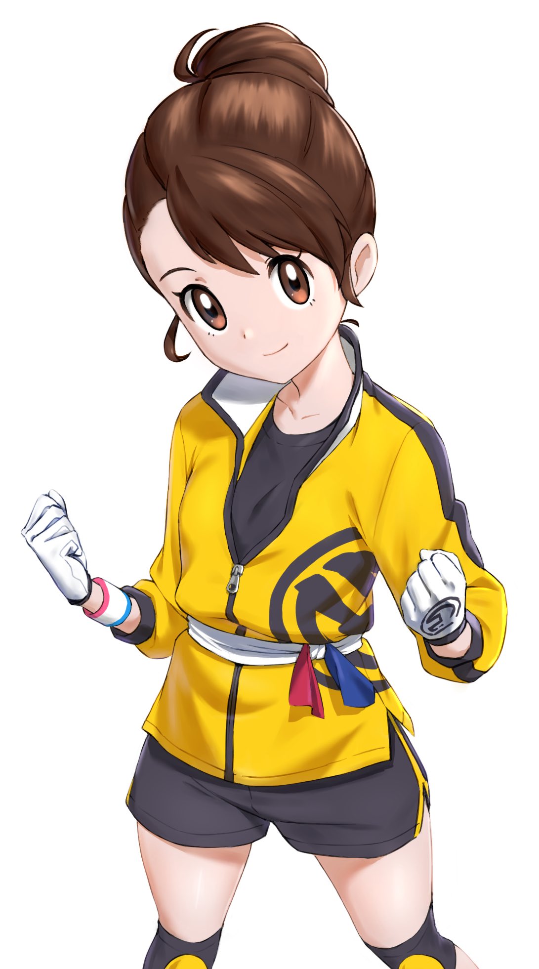 1girl bangs black_shirt black_shorts brown_eyes brown_hair clenched_hands closed_mouth commentary_request dynamax_band eyelashes gloria_(pokemon) gloves hair_bun highres ia_(ilwmael9) jacket knee_pads looking_at_viewer master_dojo_uniform pokemon pokemon_(game) pokemon_swsh shirt short_hair shorts side_slit side_slit_shorts simple_background smile solo white_background white_gloves yellow_jacket