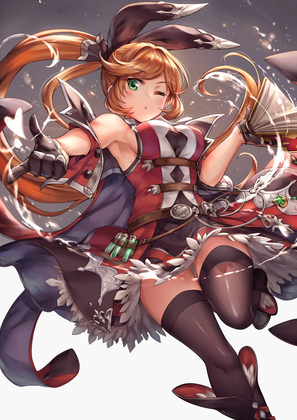 1girl bangs bare_shoulders black_boots black_dress black_legwear black_ribbon blush book boots breasts buttons clarisse_(granblue_fantasy) closed_mouth coat commentary_request covered_navel dress dutch_angle eyebrows_visible_through_hair foreshortening granblue_fantasy green_eyes hair_ribbon highres holding holding_book knee_boots ks light_particles long_hair looking_at_viewer looking_down magic medium_breasts off_shoulder one_eye_closed one_leg_raised open_book open_clothes open_vest orange_hair pointing pointing_at_viewer ponytail pouty_lips red_coat red_vest ribbon running side_ponytail simple_background sleeveless sleeveless_dress solo swept_bangs test_tube thigh-highs thigh_gap unbuttoned underbust very_long_hair vest water white_background zettai_ryouiki