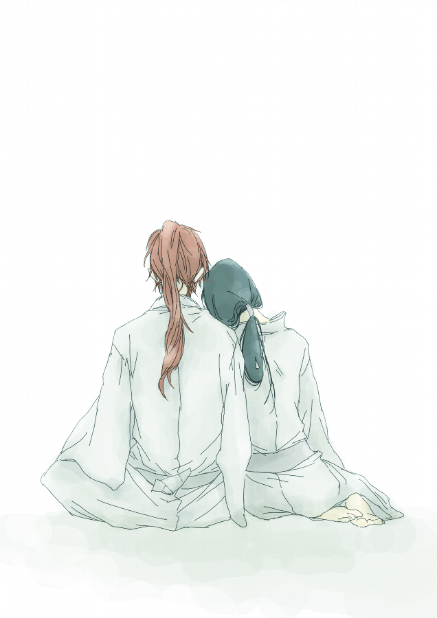 1boy 1girl black_hair couple hetero himura_kenshin japanese_clothes kimono long_hair nyankichi_(soreyukeseisyun) ponytail redhead rurouni_kenshin sitting white yukishiro_tomoe