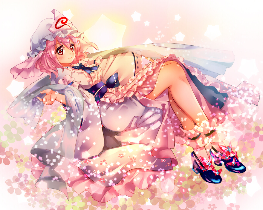 1girl ankle_cuffs bangs blue_shoes blush breasts butterfly_ornament floral_background frilled_kimono frills full_body hagoromo hair_between_eyes high_heels japanese_clothes kimono legs long_sleeves nagare obi pink_background pink_eyes pink_hair reflective_eyes ribbon-trimmed_collar ribbon-trimmed_sleeves ribbon_trim saigyouji_yuyuko sash shawl shiny shiny_hair shoes short_hair smile solo star starry_background touhou triangular_headpiece veil white_legwear wide_sleeves