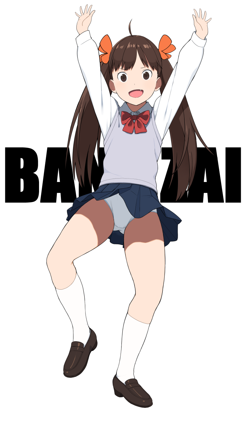 1girl :d accho_(macchonburike) ahoge arms_up bangs brown_eyes brown_hair brown_shoes eyebrows_visible_through_hair fang full_body hair_ornament highres kneehighs loafers long_hair looking_at_viewer open_mouth original panties pantyshot pantyshot_(standing) school_uniform shoes simple_background smile solo standing sweater_vest thighs twintails underwear upskirt white_background white_legwear white_panties