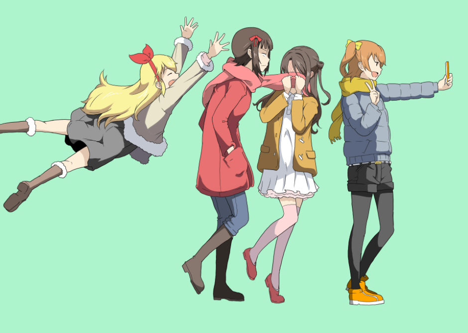 4girls aikatsu! amami_haruka blonde_hair blush boots brown_hair cellphone closed_eyes covering_face dress hair_ribbon hands_in_pockets hoshimiya_ichigo idolmaster idolmaster_cinderella_girls jacket jumping kneehighs kousaka_honoka long_hair long_sleeves love_live! love_live!_school_idol_project multiple_girls nameta_neko orange_hair pantyhose phone ribbon scarf self_shot shimamura_uzuki shoes shorts side_ponytail smartphone smile sneakers thigh-highs v winter_clothes