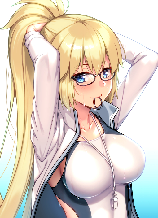 1girl benitsuki_tsubasa blonde_hair blue_eyes breasts fate/grand_order fate_(series) glasses hair_tie_in_mouth jacket jeanne_d'arc_(fate)_(all) jeanne_d'arc_(swimsuit_archer) large_breasts long_hair mouth_hold one-piece_swimsuit ponytail swimsuit tying_hair whistle whistle_around_neck white_jacket