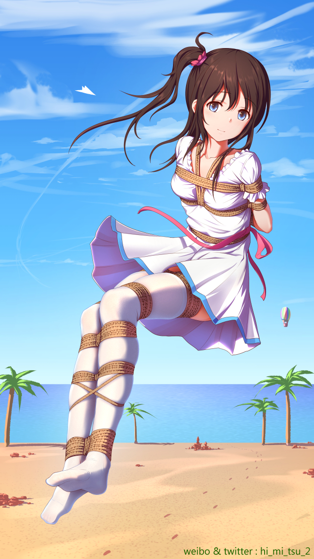 1girl arms_behind_back beach black_hair blue_eyes blue_sky blush bound bound_arms bound_legs breasts closed_mouth coconut_tree day dress full_body hair_between_eyes hair_ribbon horizon hot_air_balloon long_hair looking_at_viewer medium_breasts ocean one_side_up original palm_tree paper_airplane pink_ribbon restrained ribbon sand_castle sand_sculpture shibari shibari_over_clothes sky smile solo thigh-highs tokinohimitsu tree twitter_username weibo_username white_dress white_legwear