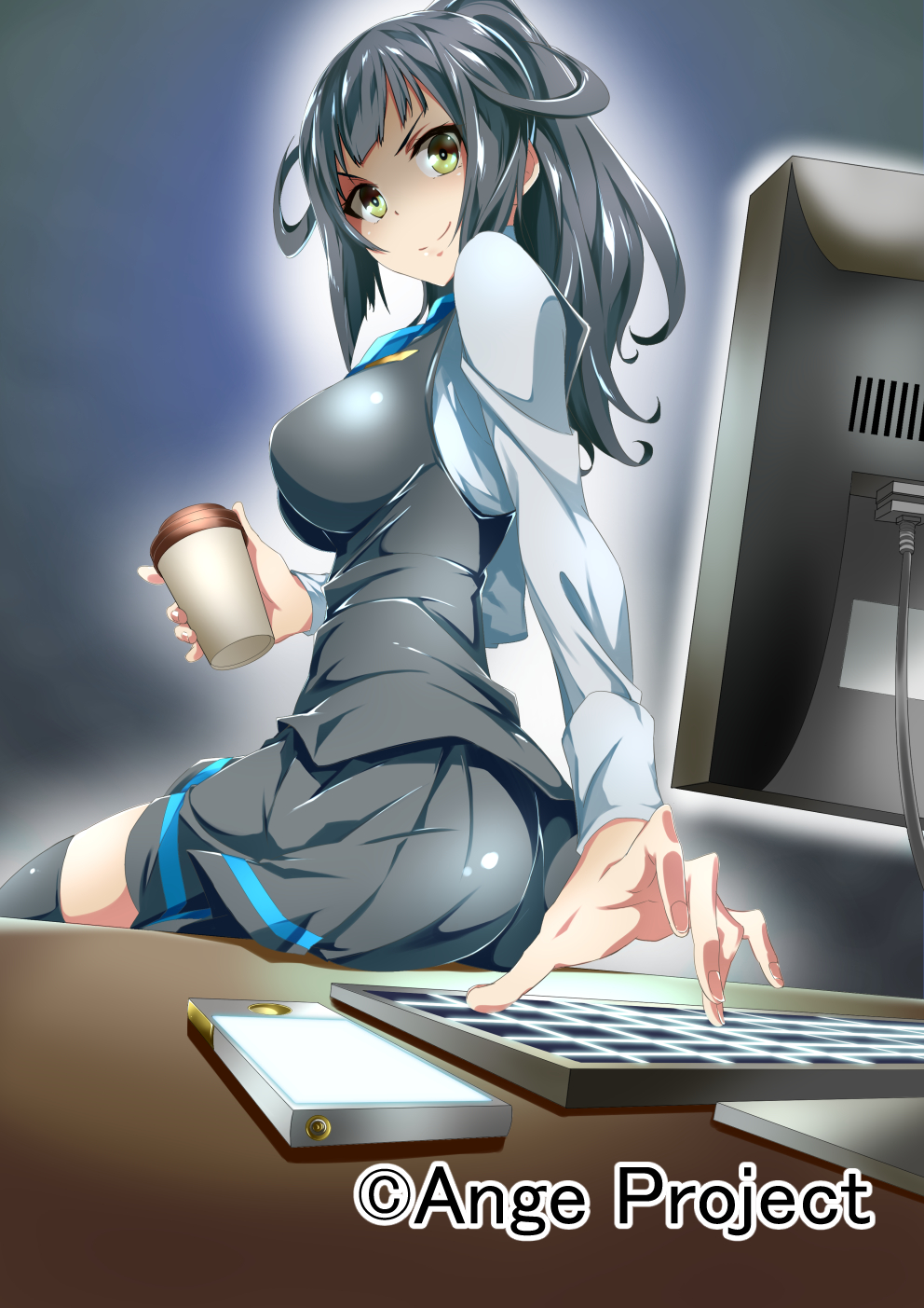 1girl ange_vierge black_hair cellphone coffee_cup computer highres long_hair long_sleeves phone ponytail skirt solo thigh-highs toru_k yellow_eyes