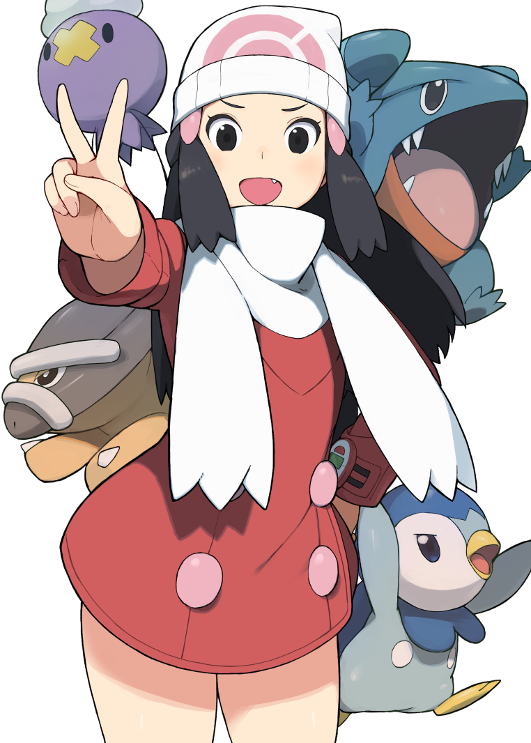 1girl accho_(macchonburike) alternate_costume beanie black_eyes black_hair commentary_request drifloon fang gible hair_ornament hat hikari_(pokemon) open_mouth piplup pokemon pokemon_(creature) scarf sharp_teeth shieldon teeth v