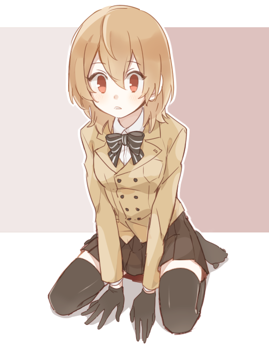 1girl akechi_gorou black_legwear bow brown_hair genderswap genderswap_(mtf) gloves persona persona_5 school_uniform short_hair sitting solo ten_(lu2948d) thigh-highs wariza