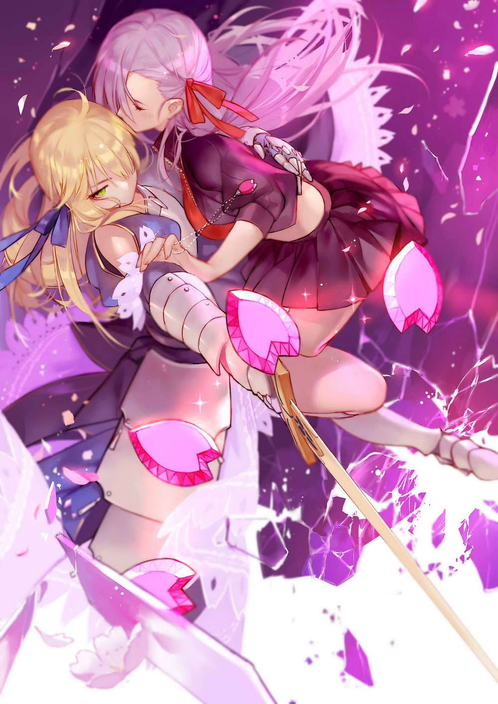 2girls armor blonde_hair breasts closed_eyes depth_of_field excalibur fate/stay_night fate_(series) female gauntlets greaves green_eyes highres holding holding_sword holding_weapon hug joseph_lee kiss long_hair matou_sakura multiple_girls necklace necklace_removed outstretched_arm pleated_skirt purple_hair saber skirt sword type-moon weapon yuri