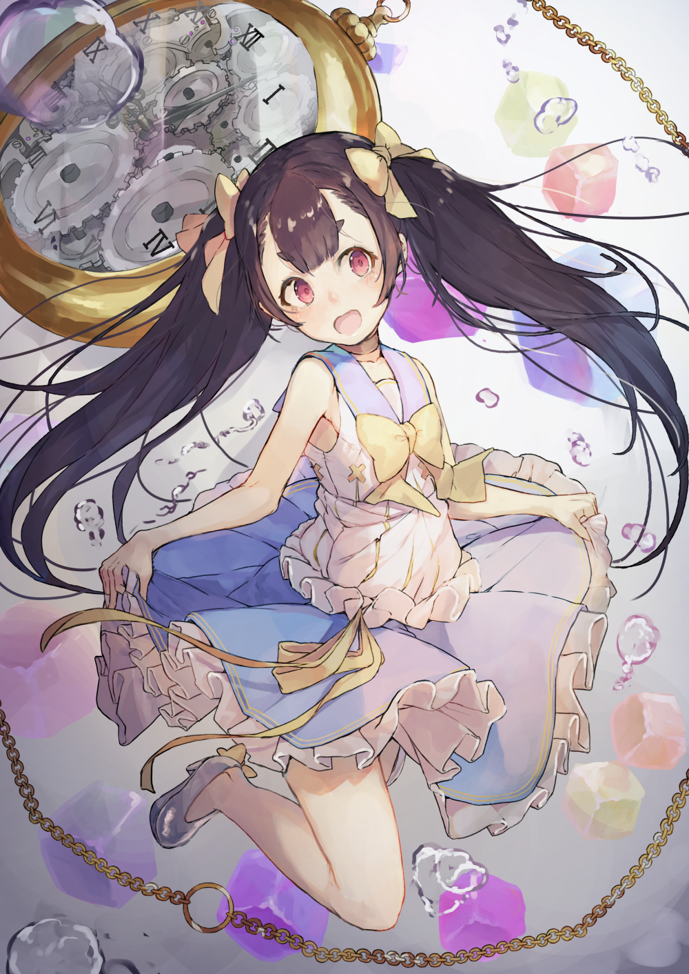 1girl :d air_bubble bangs black_hair blouse blue_skirt chains frills full_body high_heels highres kikkaiki long_hair looking_at_viewer open_mouth original pink_eyes pocket_watch roman_numerals sailor_collar skirt smile solo thick_eyebrows twintails underwater watch white_blouse