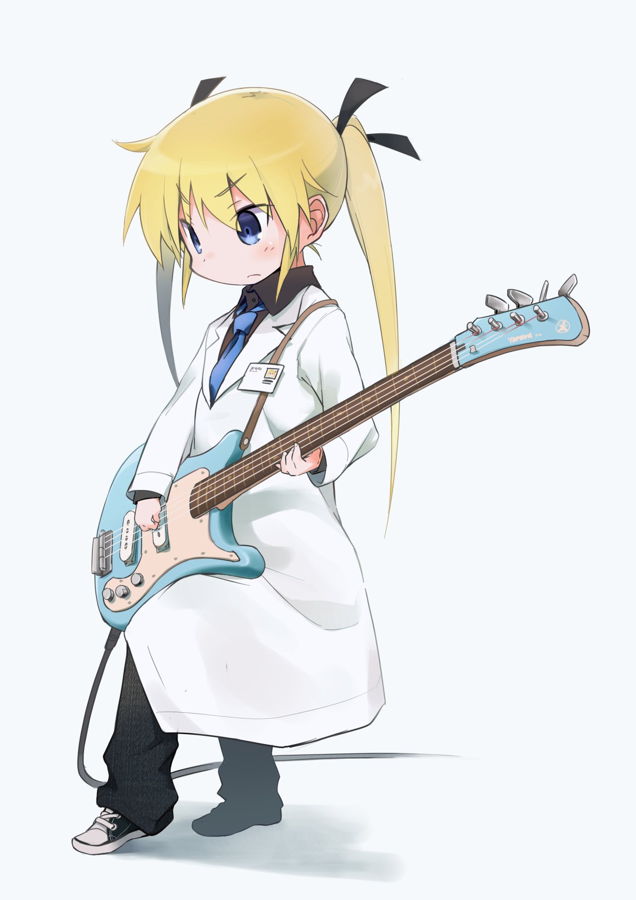 1girl black_ribbon blonde_hair blue_eyes blue_necktie blush eyebrows_visible_through_hair guitar hair_ribbon highres holding_instrument id_card instrument kill_me_baby labcoat long_hair looking_away looking_down necktie okayparium plectrum ribbon solo sonya_(kill_me_baby) twintails