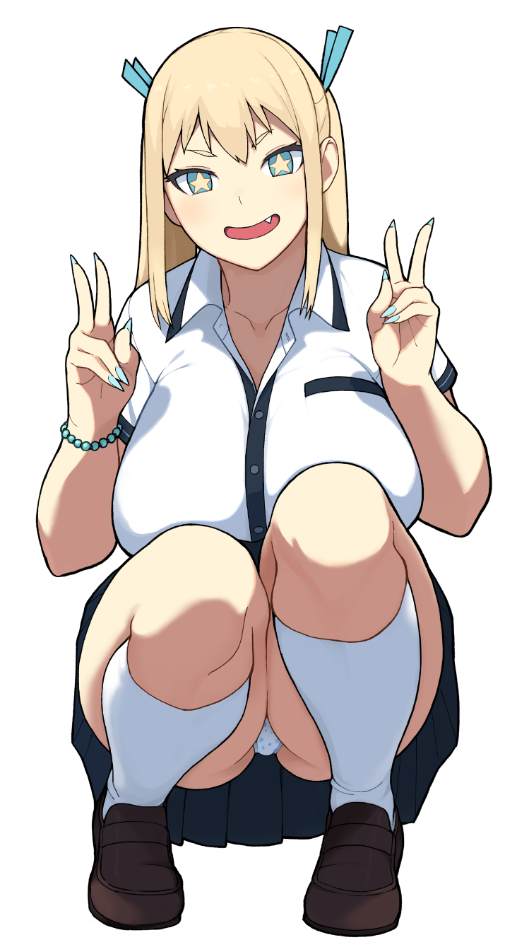 1girl accho_(macchonburike) blonde_hair blue_eyes breasts double_v fang full_body highres hoshino_manako huge_breasts long_hair looking_at_viewer nail_polish open_mouth original panties print_panties revision smile solo squatting star star-shaped_pupils star_panties star_print symbol-shaped_pupils thick_thighs thighs underwear v