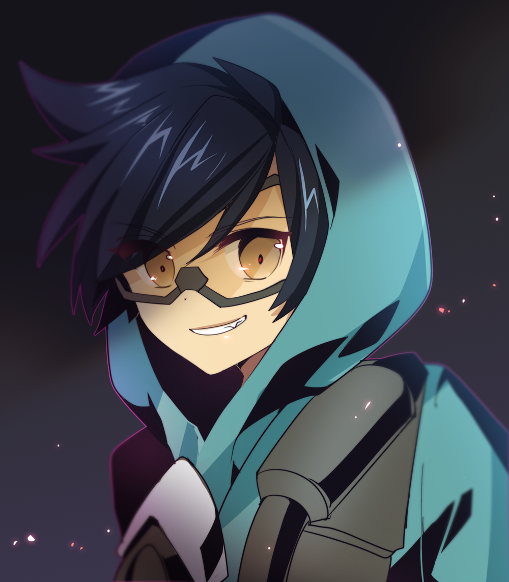 1girl :d alternate_costume alternate_hair_color atobesakunolove bangs black_hair blue_hoodie brown_eyes eyebrows_visible_through_hair fang goggles gradient gradient_background graffiti_tracer grin harness hood hood_up hoodie looking_at_viewer open_mouth overwatch short_hair smile solo spiky_hair swept_bangs teeth tracer_(overwatch) upper_body