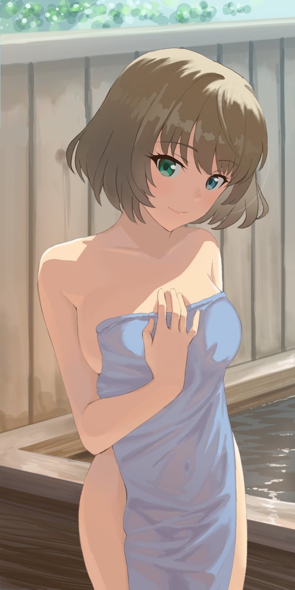 1girl arm_at_side bangs bare_arms bare_shoulders blue_eyes breasts closed_mouth collarbone covered_navel covering cowboy_shot erubesuto eyebrows_visible_through_hair eyelashes fence green_eyes green_hair hand_on_own_chest head_tilt heterochromia highres idolmaster idolmaster_cinderella_girls lips looking_at_viewer medium_breasts naked_towel nude_cover see-through short_hair sideboob smile solo standing takagaki_kaede thighs towel tsurime water wet_towel wooden_fence